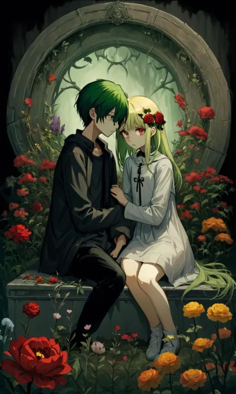 Horror-themed A dreamy and romantic setting can be seen with a blonde boy and a green-haired girl sitting together surrounded by vibrant flowers, The boy sits on the left side while the girl sits on the right side, their eyes locked onto one another, The boy has his arm wrapped around the girl's shoulders as they sit beside each other, The background is filled with various colors of flowers, such as red and yellow blooms, along with a large circular flower in the upper left corner, This scene exudes a sense of enchantment and love,, . Eerie, unsettling, dark, spooky, suspenseful, grim, highly detailed