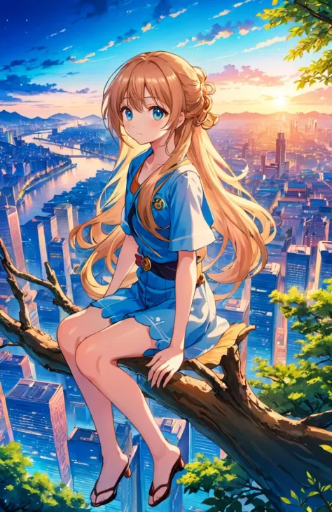 anime artwork,1girl sits gracefully on a tree branch high above a bustling cityscape, Her long  flowing hair, . studio anime,  v...