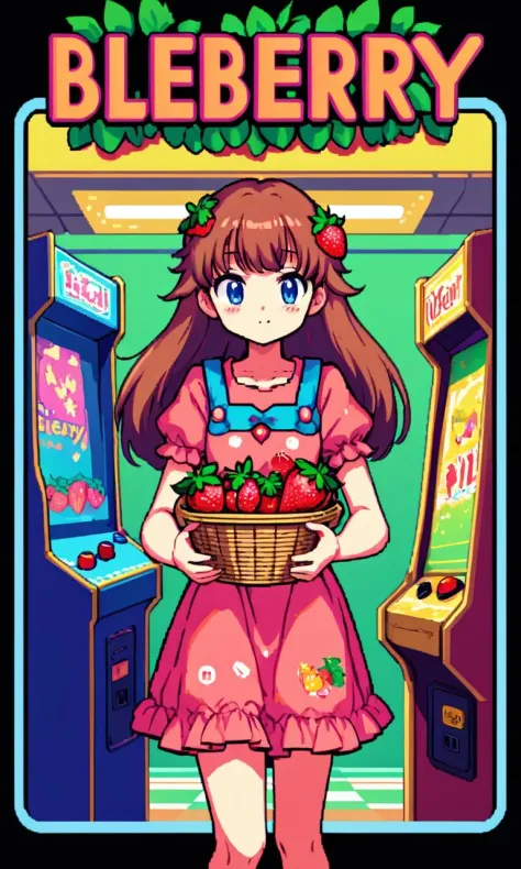 Retro arcade style A digitally created piece of art shows a cute anime-style girl holding a basket full of strawberries while we...