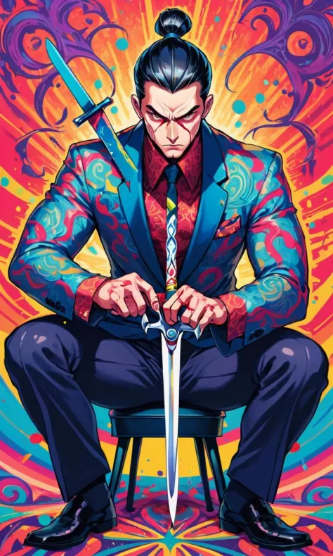 Psychedelic style A well-dressed man with a slicked-back hairstyle holds a pair of scissors, ready to use them, His serious expr...