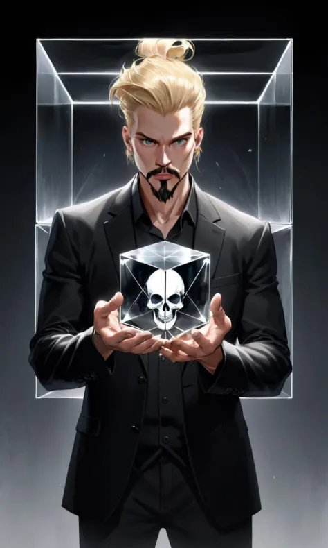 HDR photo of A man with blond hair and a goatee holds a clear, floating cube in his hands, He is dressed in black and has a seri...