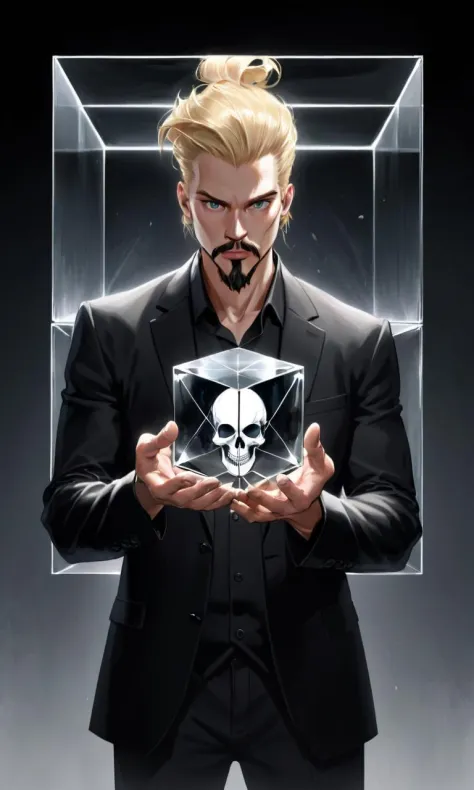 HDR photo of A man with blond hair and a goatee holds a clear, floating cube in his hands, He is dressed in black and has a serious expression as he appears to hold the cube, The background is dark, and behind him, a large skull hangs from the ceiling, taking up a significant portion of the background,, . High dynamic range, vivid, rich details, clear shadows and highlights, realistic, intense, enhanced contrast, highly detailed