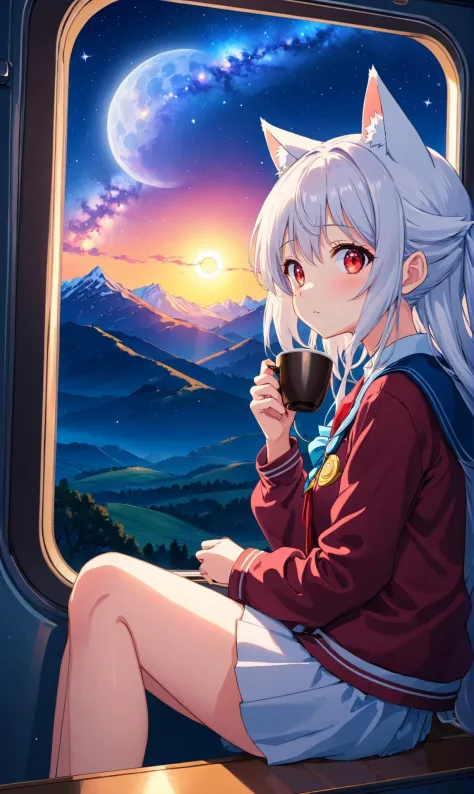 anime artwork,1girl,from side,Sitting on the train,long hair,
cat ears,white hair,red eyes,school uniform,milky way background, full moon high hangs in the starry sky,
, drinking coffee, looking out the window at the endless fields, the sun setting in the distance, the mountains in the sky.  . studio anime,  vignette, highly detailed, high budget,  moody, epic, gorgeous, anime style, key visual, vibrant, Professional, Vibrant colors, Bright colors, eye-catching, surreal, High dynamic range, vivid, rich details, clear shadows and highlights, intense, enhanced contrast