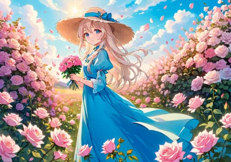 动漫艺术品,一个年轻的女孩长, flowing white hair and a beautiful blue dress stands in a field of 充满活力 flowers, 手捧一束精致的粉红玫瑰, 她环顾四周，观察周围的自然世界, 当她呼吸新鲜空气时，她的眼睛闪烁着惊奇的光芒, 周围是淡彩色的背景, 她似乎处在一个充满爱与浪漫的梦幻世界, 戴着一顶饰有花朵的大帽子, 她在花丛中轻轻移动，散发着优雅和优雅,, . 工作室动漫,  小插图, 非常详细, 高预算,  喜怒无常, 史诗, 华丽的, 动漫风格, 关键点, 充满活力, 专业的, 鲜艳的色彩, 鲜艳的色彩, 引人注目, 超现实主义, 高动态范围, 生动, 丰富的细节, 清除阴影和高光, 激烈的, 增强对比度