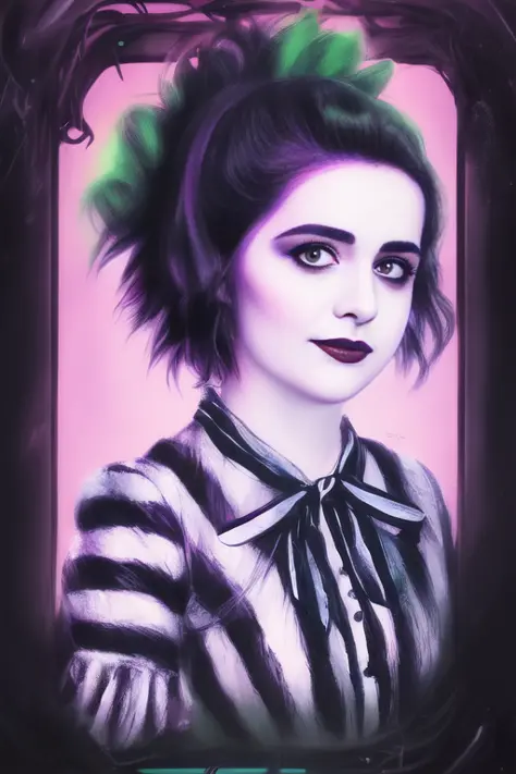 1girl, portrait, lydia  deetz, elizabeth teeter in beetlejuice,wild neon green hair , trending on artstation,  rim lighting, oct...