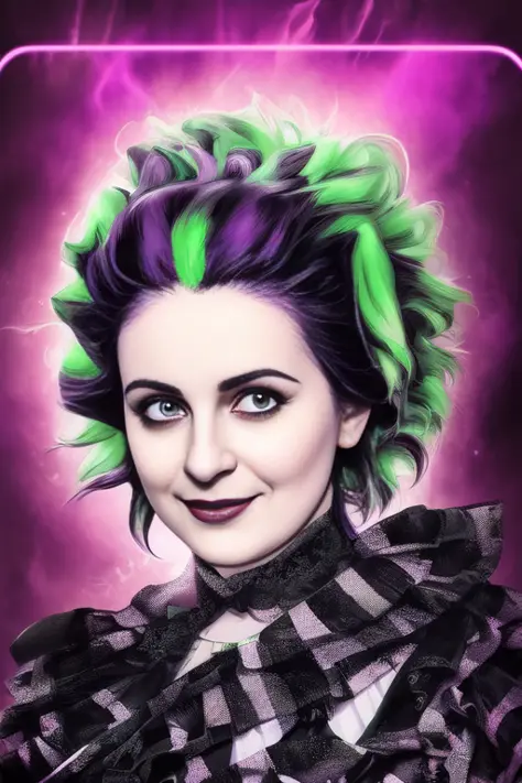 1girl, portrait, tarot card, 80s movie poster, Lydia  Deetz, Elizabeth Teeter in Beetlejuice,wild neon green hair , trending on artstation,  rim lighting, octane rende,r frost engine 3 ,deetz1