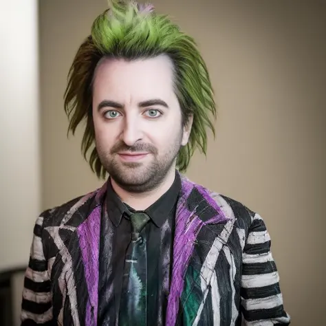 extremely realistic portrait of beetlejuice portrayed by alex brightman green hair photographic realism trending on artstation  ...