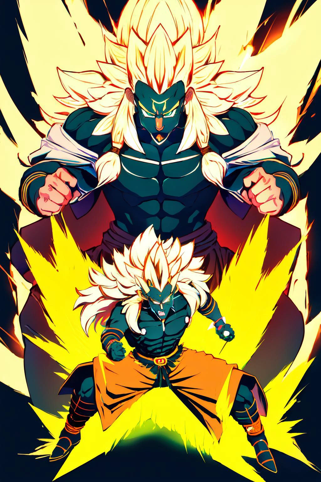 muy detallado, alta calidad, Obra maestra, hermoso, Rauru, 1 chico, macho peludo, piel oscura, pelo largo, ojos verdes, Super Saiyan, pelo rubio, Super Saiyan, pelo de punta, Aura, electricidad, pelo largo, carga de ki, Aura, postura de lucha, yellow Aura, 