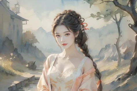 1girl,tullece,silk dress,hair bun,hair stick,ribbon braid,flower field,peach blossom,multiple braids,elegant,peach tree,on grass,head tilt,light smile,(upper body:1.1),side,illustration,moody  lighting,illustration,((wash  painting)),((ink  s..., (((ink))),  ((watercolor)),,