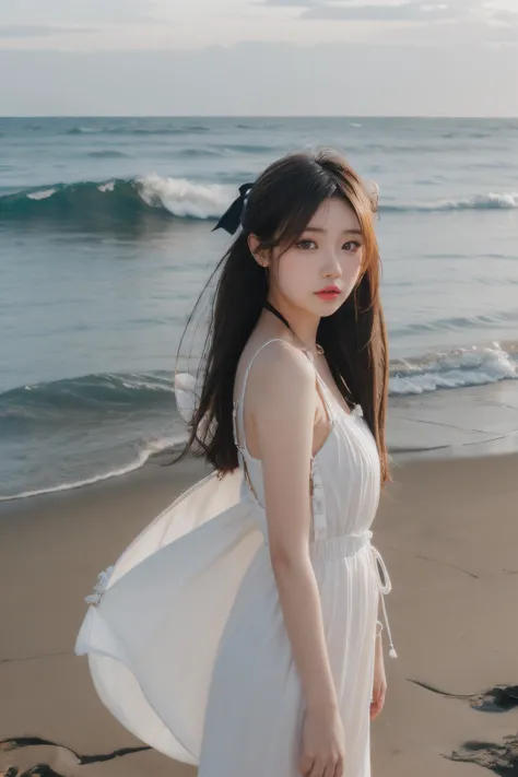 1girl,full body,sea,wind,messy hair,sunset,beach,(aesthetics and atmosphere:1.2),long hair,platinumblack sunmer dress,shallow depth of field,wavy hair,hoop  earrings,hair  ribbon,thin straps,<lora:Mapers-v3:0.8>,<lora:lit:0.2>,