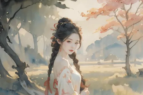 1girl,tullece,silk dress,hair bun,hair stick,ribbon braid,flower field,peach blossom,multiple braids,elegant,peach tree,on grass,head tilt,light smile,(upper body:1.1),side,illustration, moody  lighting, illustration, ((wash  painting)),((ink  s..., (((ink))),  ((watercolor))