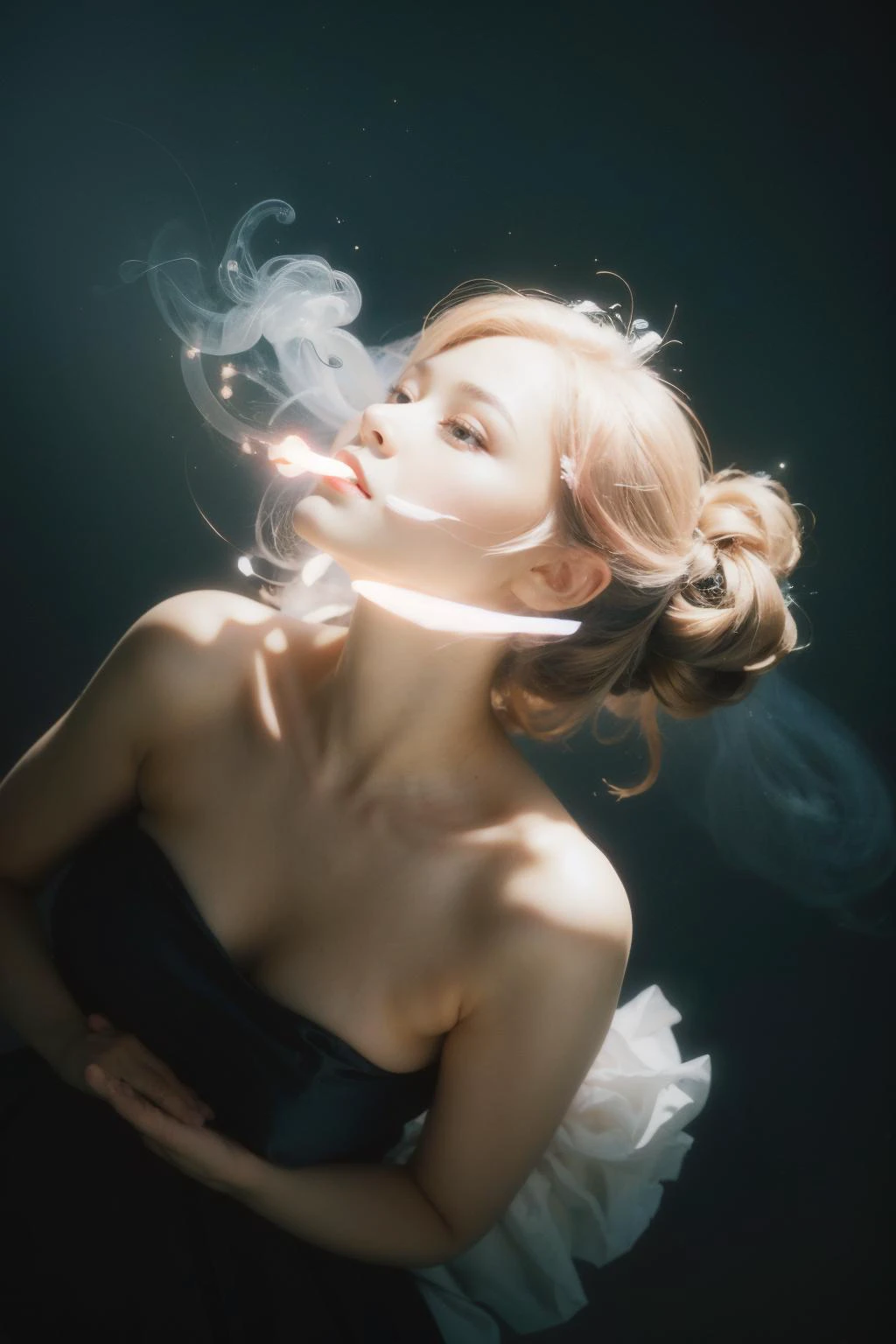 1girl,solo,dress,long hair,(breasts:1.3),bare shoulders,full body,cleavage,half updo,medium breasts,realistic,pink dress,smoky,colorful smoke background,the beam of light shines on the face,depth of field,looking_up,upshirt,upshorts,from_below,dynamic_angle,cinematic_angle,