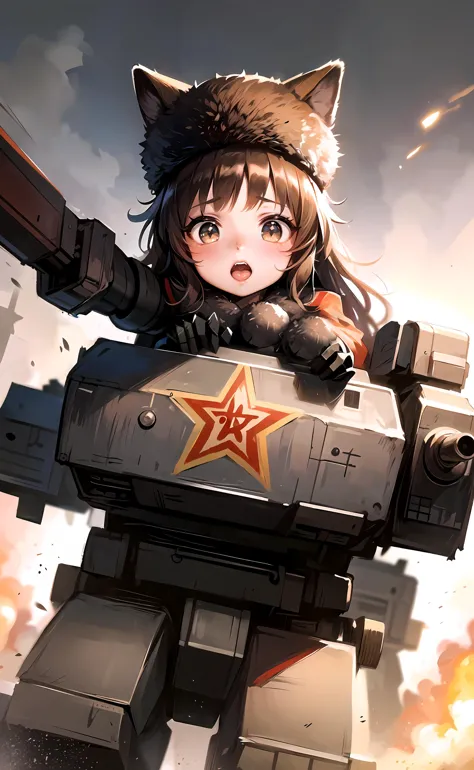 anime girl with a cat ears and a star on her head riding on a tank