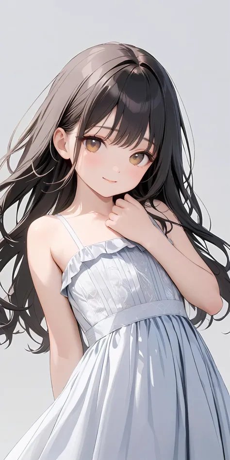 masterpiece,ultra-detailed,best quality,8K,illustration,cute face,clean skin ,shiny hair,girl,simple background
 <lora:add-detail-xl:1>   <lora:camisole dress_XL_V1.0:0.8>jyoji fuku, dress,bare shoulders