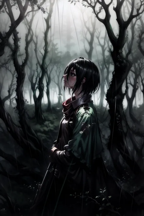 (obra de arte, melhor qualidade), Mikasa Ackerman, cabelo curto, Cabelo preto, cabelo entre os olhos, olhos pretos, chuva, fog, Escuro, deprimente, Tema Verde, fog, enevoado, Repugnante, Árvores mortas, floresta,
