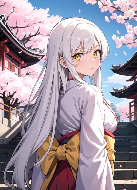 masterpiece, best quality, 1girl, yellow eyes, long hair, white hair, tree, stairs, standing, kimono, sky, cherry blossoms, temple, looking at viewer, upper body, from below, looking back,