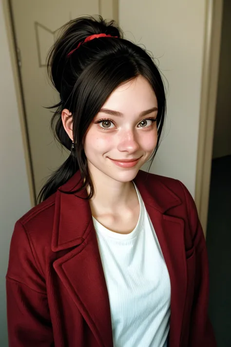 a close up of a woman with a red jacket and a white shirt