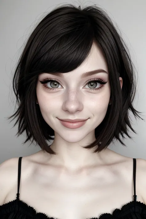 realistic photo of <lora:sd15_LiluCinnamon_locon_24_v1-000016:.9> LiluCinnamon, focus on eyes, close up on face, smile, dark charcoal hair styled as Straight Messy Bob,