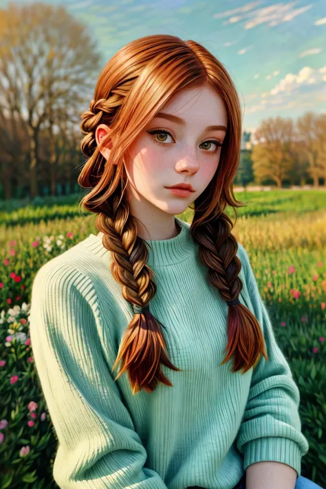 a close up of a woman with long red hair sitting in a field