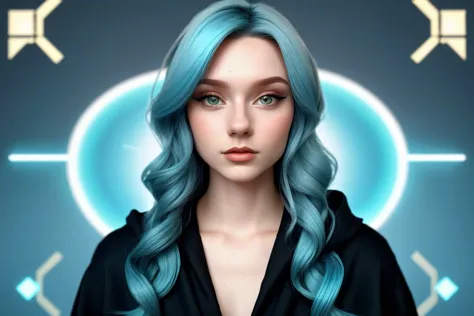 (deco style, geometric, modern, sleek, highly detailed:1.15), headshot of <lora:sd15_LiluCinnamon_locon_24_v1-000016:.9> LiluCinnamon, focus on face, wearing a mage robe , her Light Cyan Blue hair is styled as wavy lob hair,