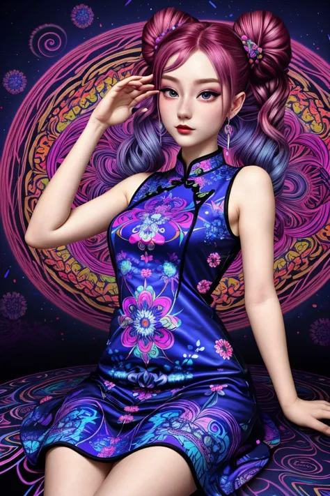 (psychedelic version, vibrant, kaleidoscopic, surreal, detailed:1.15), close range of <lora:sd15_LiluCinnamon_locon_24_v1-000016:.9> LiluCinnamon, focus on face, wearing a Qipao dress , her ultra violet color hair is styled as cascading curls bun,