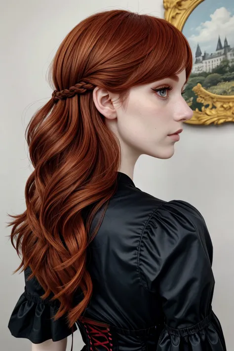 half-body of realistic photo of <lora:sd15_LiluCinnamon_locon_24_v1-000016:.9> LiluCinnamon, focus on face, from behind wearing victorian clothing , her color daffodil hair is styled as blunt lob hair,