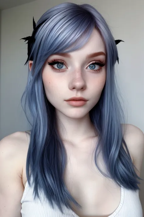 realistic photo of <lora:sd15_LiluCinnamon_locon_24_v1-000016:.9> LiluCinnamon, focus on eyes, close up on face, cornflower blue color hair styled as rose gold hair, black and white