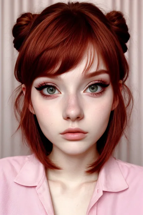 a close up of a woman with red hair and a pink shirt