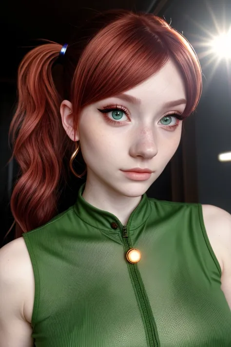 a close up of a woman with red hair and a green top