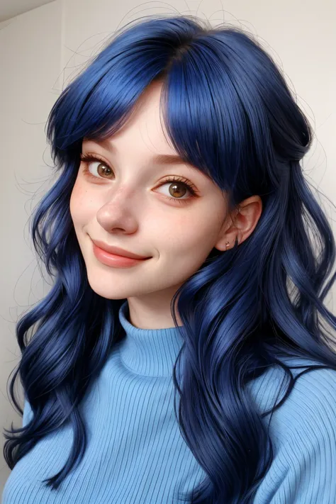 a woman with blue hair and a blue sweater smiles