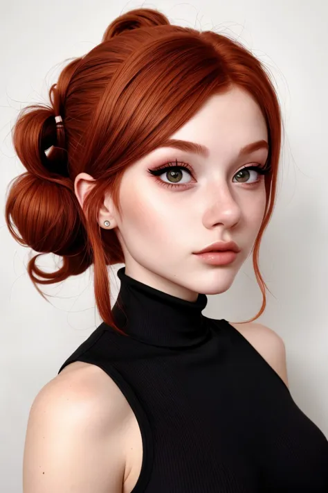 close range of realistic photo of <lora:sd15_LiluCinnamon_locon_24_v1-000016:.9> LiluCinnamon, focus on face, side view wearing a turtleneck , her hair is styled as cinnamon bun,