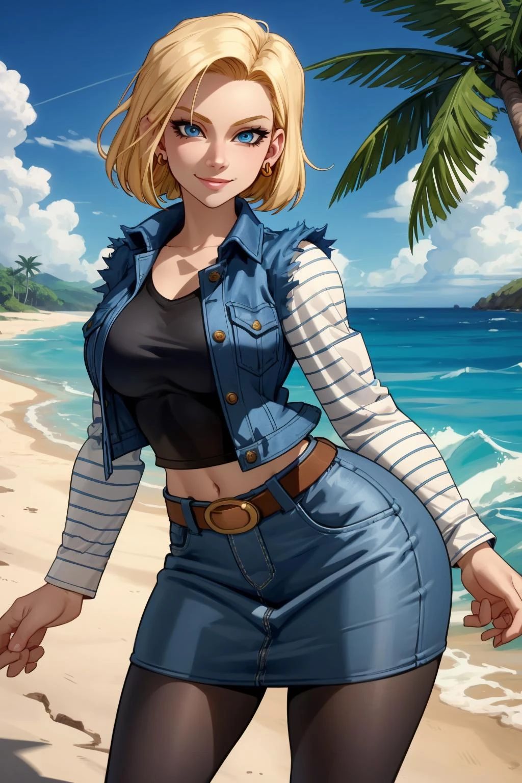 1girl, (solo:1.2), (standing:1.3), (interacting:1.3), (cowboy shot:1.5), (curvy:1.2), smile, happy, at ease, (masterpiece:1.3), (best quality:1.3), (perfect anatomy:1.4), highly detailed, (tropical beach:1.3), palm trees, azure blue water, daylight, summer,, android18, earrings, denim, belt, blonde hair, blue eyes, short hair, jewelry, (denim vest:1.2), open vest, black pantyhose, black shirt, denim skirt, (white striped long sleeves), blue skirt, large breasts, kairunoburogu, (polished artstyle:1.2), (clean lineart), detailed, rich colors, soft shading, (expressive eyes:1.2)
