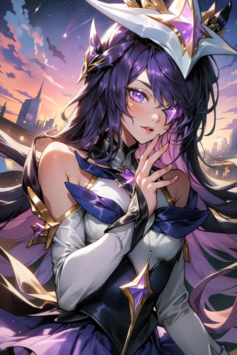 (Masterpiece:1.2), best quality, (illustration:1.2), star guardian syndra, 1girl, purple hair, hair ornament, frilled skirt, dress, upper body, potrait, city, park, starry sky