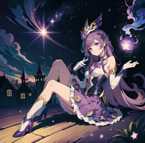 (Masterpiece:1.2), best quality, (illustration:1.2), star guardian syndra, 1girl, purple hair, hair ornament, frilled skirt, dress, full body, potrait