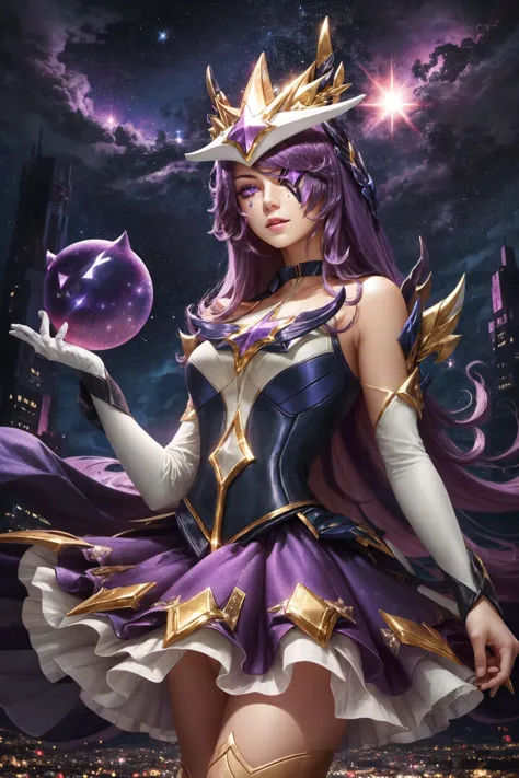 (Masterpiece:1.2), best quality, (illustration:1.2), <lora:Star_Guardian_Syndra-000018:1>, star guardian syndra, 1girl, purple h...