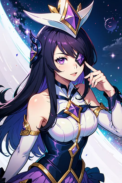 (Masterpiece:1.2), best quality, <lora:Star_Guardian_Syndra-000018:0.8>, star guardian syndra, 1girl, eyepatch, purple hair, purple skirt, frilled skirt, hair ornament, dress, upper body, cowboy shot