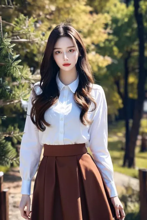 a woman in a white shirt and brown skirt standing in a park