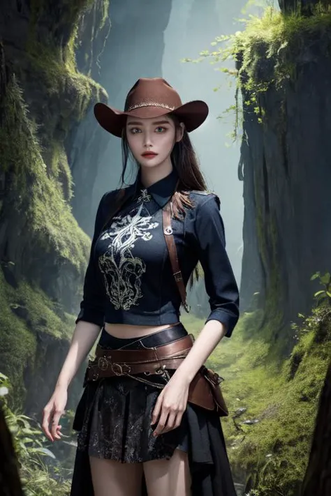 (otherworldly), highly insanely detailed, masterpiece, top quality, best quality, highres, 4k, 8k, RAW photo, (very aesthetic, beautiful and aesthetic), 1girl, skirt, solo, shirt, brown hair, cowboy_shot, <lora:Yuipan:1>, (fantasy world)