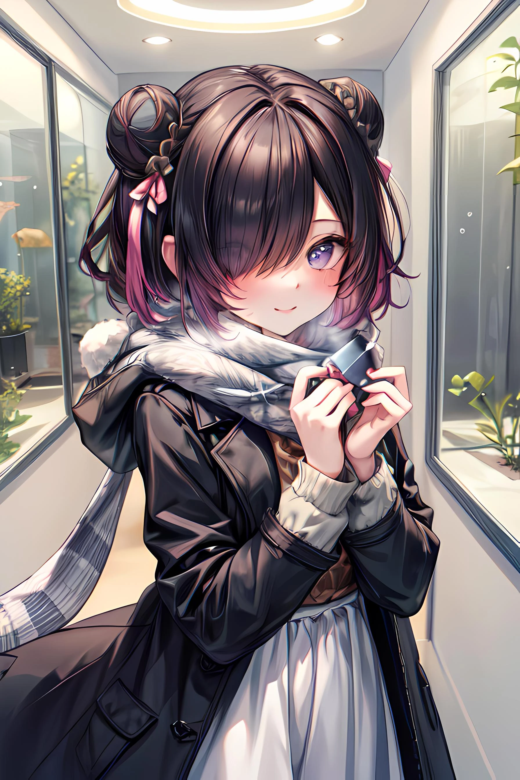 (((masterpiece))),highres,absurdres,(((best quality))),official art,perfect lighting,looking at viewer,aquarium,indoors,
1girl,hmsjervis,hair over one eye,dark hair,two-tone hair,double bun,winter clothes,black coat,scarf,blush,light smile,
