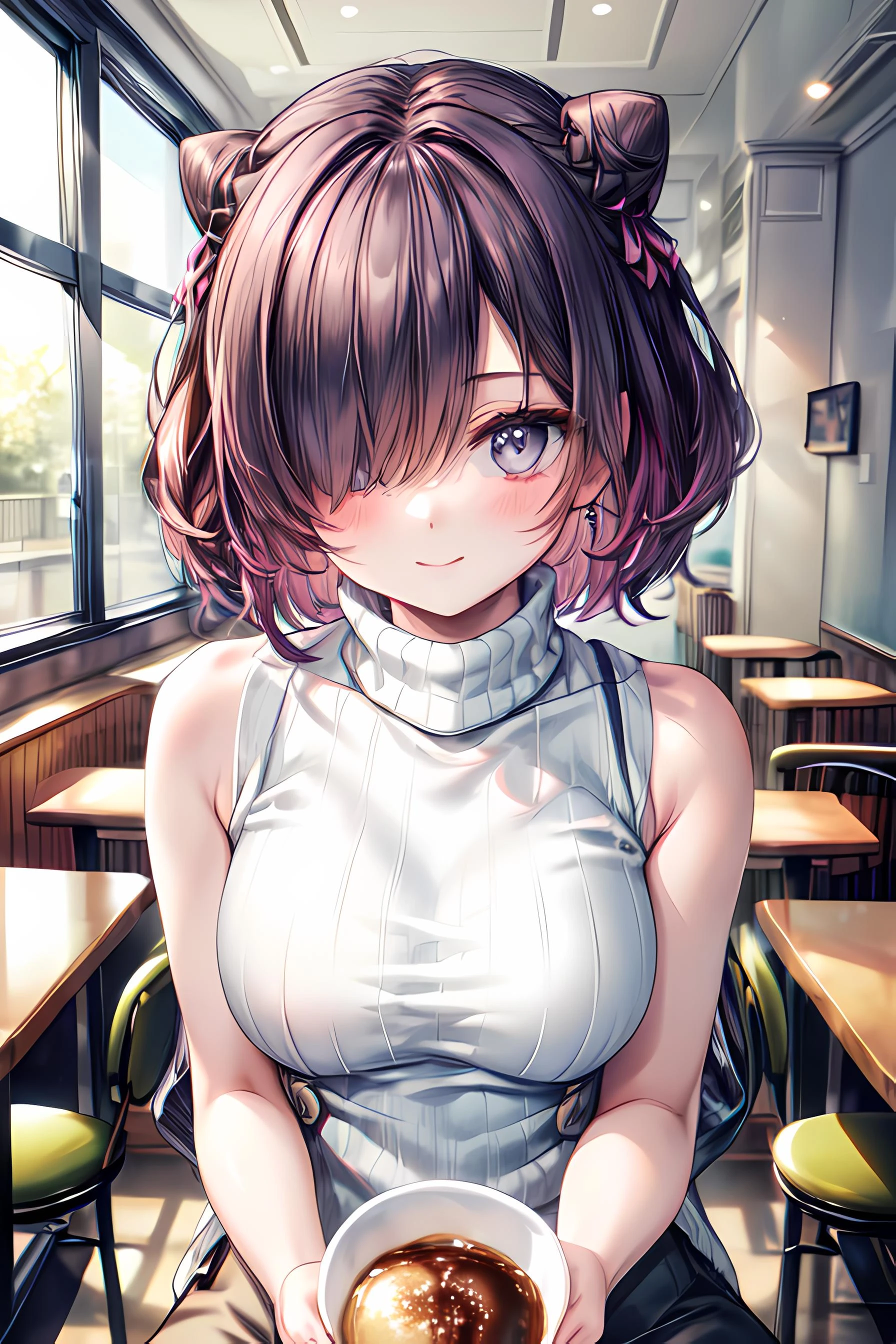(((masterpiece))),highres,absurdres,(((best quality))),official art,perfect lighting,looking at viewer,pov across table,cafe,
1girl,hmsjervis,hair over one eye,cone hair bun,sweater,(turtleneck sweater:1.2),sleeveless turtleneck,blush,light smile,