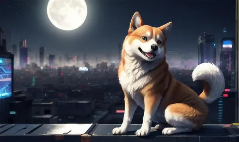 ((masterpiece, best quality:1.4)), bokeh, fluffy, 3d, 
solo, feral, full-length portrait, animal focus, solo focus, open smile,
shiba inu,
cyberpunk, city background, science fiction, 
moonlight,