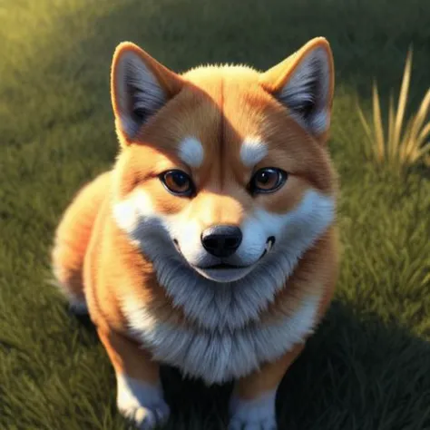 ((masterpiece, best quality:1.4)), bokeh, fluffy, 3d,
solo, feral, portrait, animal focus, solo focus, smile, high-angle view,
shiba inu,
grass, 
moonlight,