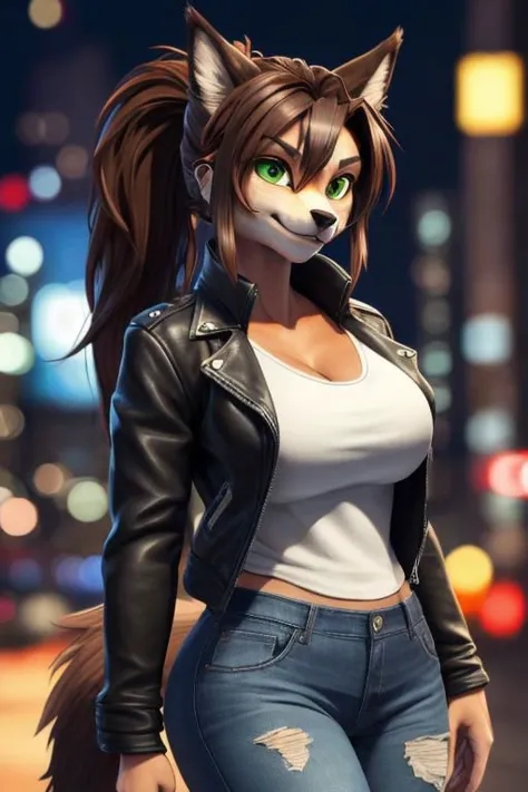 ((masterpiece, best quality:1.4)), bokeh, fluffy, 3d, 
furry futanari, solo, looking at viewer, anthro, 
wolf, furry wolf, brown hair, long hair, ponytail, light brown fur, green eyes, medium breasts, wide hips, leather jacket, torn jeans, open jacket, long tail, 
tokyo \(city\), city, city lights, night,