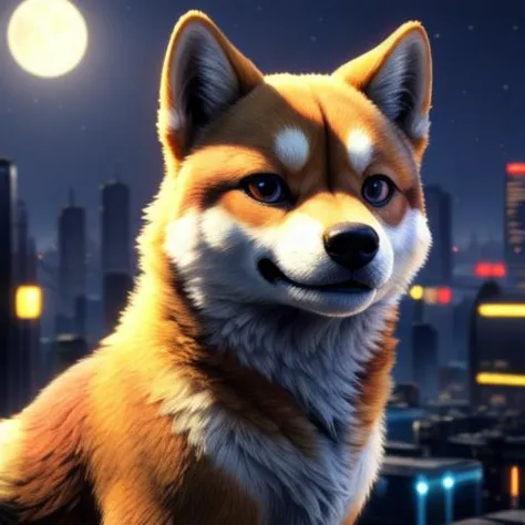 ((masterpiece, best quality:1.4)), bokeh, fluffy, 3d,
solo, feral, close-up, animal focus, solo focus, smile,
shiba inu,
cyberpunk, city background, science fiction, 
moonlight,