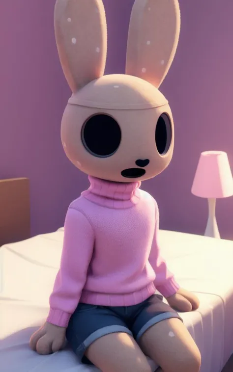 ((masterpiece, best quality:1.4)), bokeh, fluffy, 3d,
furry female, solo, looking at viewer, anthro, cowboy shot,
 <lora:coco-10:0.7> coco_(ac), rabbit, black eyes, hollow eyes, open mouth, 
pink turtleneck, shorts, 
sitting on bed, 
pink room, bedroom, 
p...