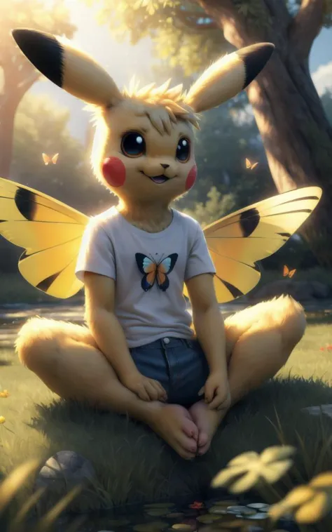 ((masterpiece, best quality:1.4)), bokeh, fluffy, 3d,
furry female, solo, looking at viewer, anthro, full body, 
smile, teeth, 
pikachu, pokemon \(creature\), butterfly hair ornament, butterfly wings, white shirt, denim shorts, barefoot, 
park, sunlight, sun, tree, on grass, pond, butterfly, 
 <lora:butterfly_sitting:0.8> butterfly sitting,
 <lora:PIKAPOKE:0.7> pikapoke,