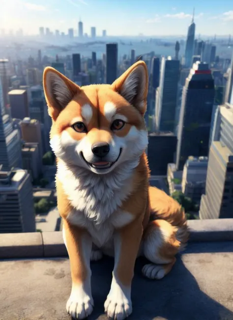 ((masterpiece, best quality:1.4)), bokeh, fluffy, 3d,
solo, feral, full-length portrait, animal focus, solo focus, smile, high-angle view,
shiba inu,
sitting,
outside, city background, tree, blue sky, sunlight,