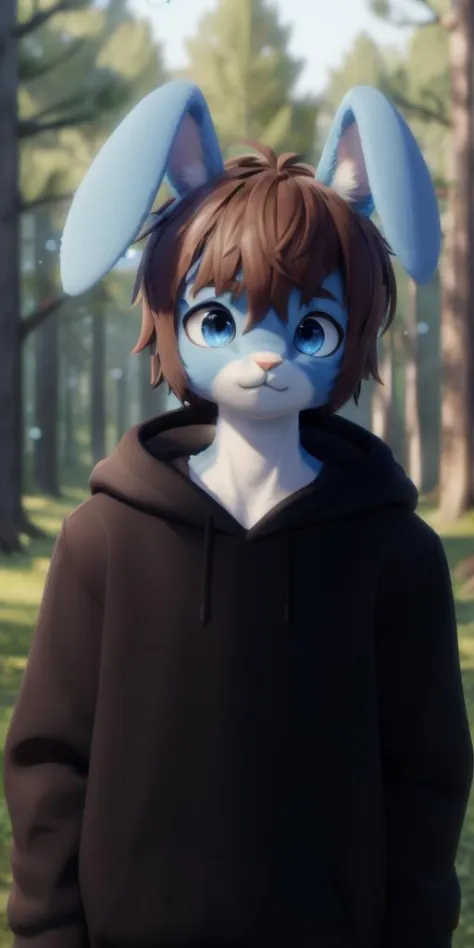 ((masterpiece, best quality:1.4)), bokeh, fluffy, 3d, 
furry male, solo, looking at viewer, anthro, rabbit boy, 
<lora:Bunny_Arnas_Atakiyo:0.7> arnasbunny, brown hair, short hair, floppy ears, blue fur, black hoodie, long sleeves, 
forest, tree, blue sky, butterfly,