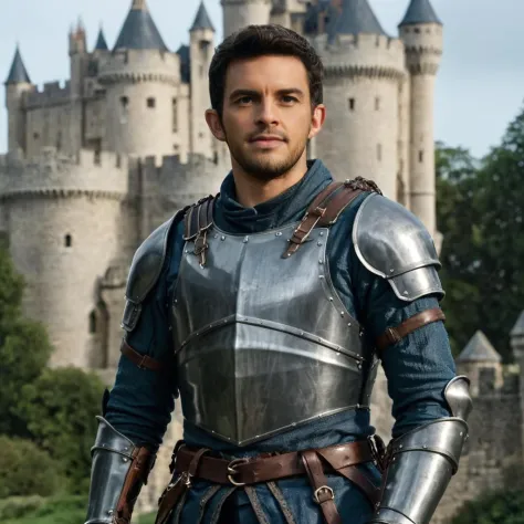 jonathan bailey as a knight wearing armor in front of a castle, upper body photo, high definition, 8k, (masterpiece, best quality:1.4) <lora:jonathan-000014:1>, professional, 4k, highly detailed