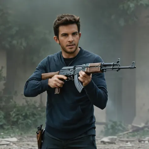 jonathan bailey is holding an ak47 storming towards the viewer, detailed, realistic, 8k uhd, high quality, cinematic, film poster, realistic, high definition, 8k, (masterpiece, best quality:1.4) professional, 4k, highly detailed, intricate details, dof